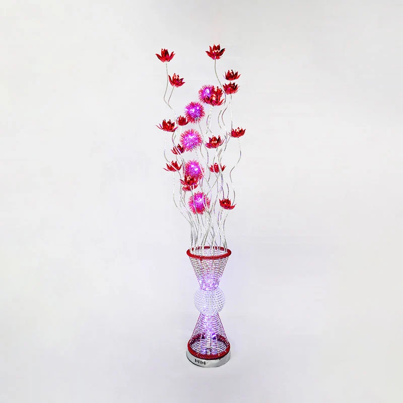 Kunstdecor zandloper vloerlamp LED aluminium staande lamp met gebogen stok en bloem rood Clearhalo