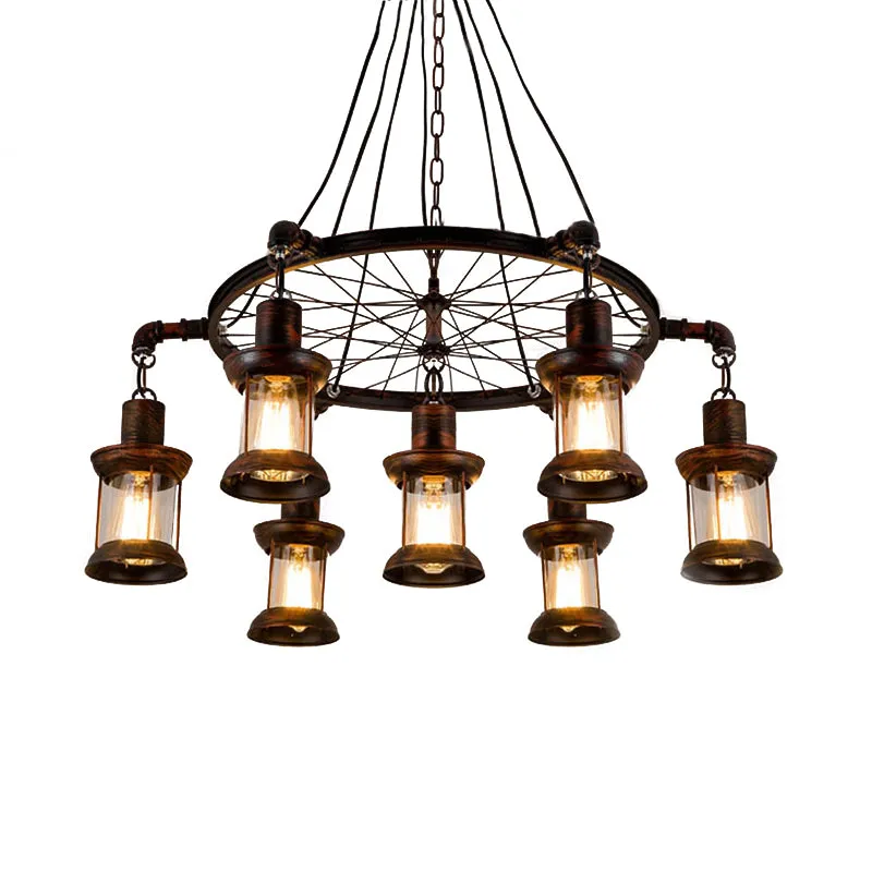 Kustlantaarn hanglamp 7-lichts helderglazen kroonluchterverlichting roest met wiel Clearhalo