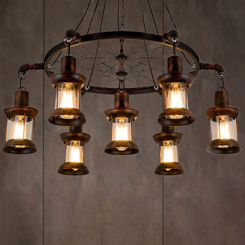 Kustlantaarn hanglamp 7-lichts helderglazen kroonluchterverlichting roest met wiel Clearhalo