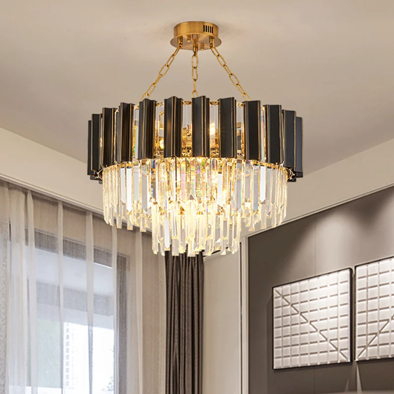 3 lagen taps toelopende slaapkamer hangende hanger modernisme kristallen prisma 9-lichts zwart en gouden kroonluchter Clea...