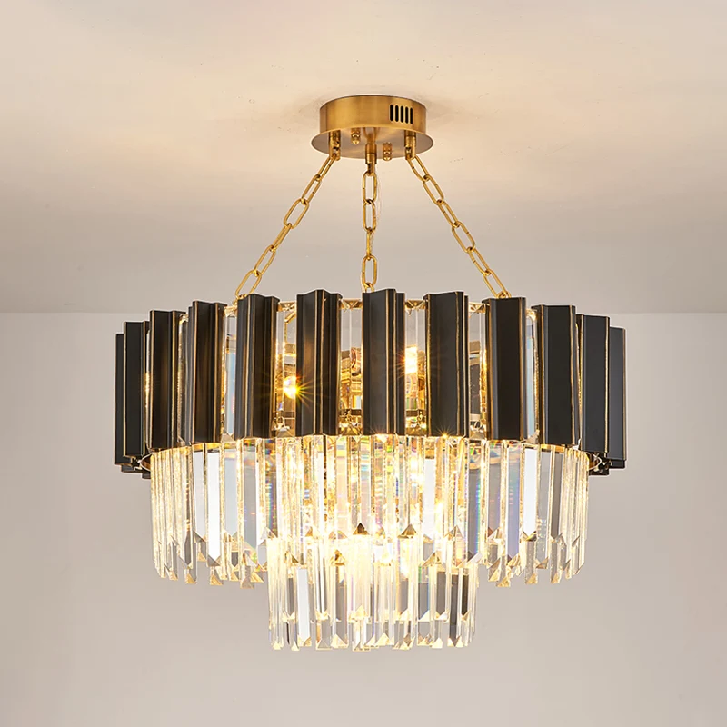 3 lagen taps toelopende slaapkamer hangende hanger modernisme kristallen prisma 9-lichts zwart en gouden kroonluchter Clea...