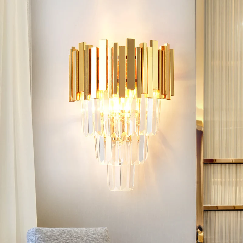 4 lagen wandlamp armatuur postmodern driezijdige kristallen staaf 2 koppen goud schanslicht Clearhalo