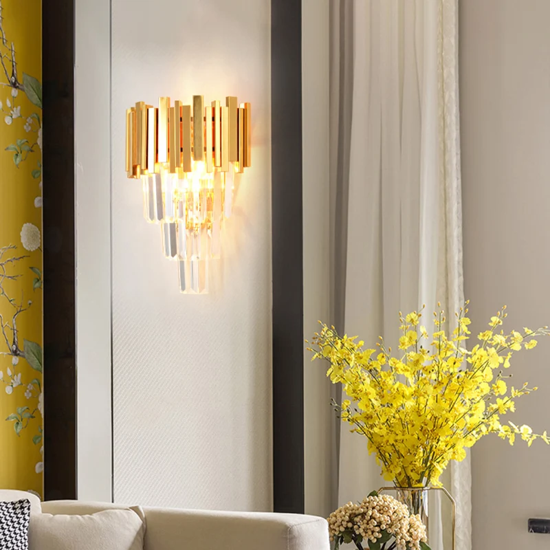 4 lagen wandlamp armatuur postmodern driezijdige kristallen staaf 2 koppen goud schanslicht Clearhalo