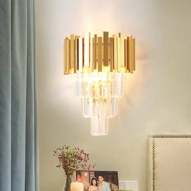 4 lagen wandlamp armatuur postmodern driezijdige kristallen staaf 2 koppen goud schanslicht Clearhalo