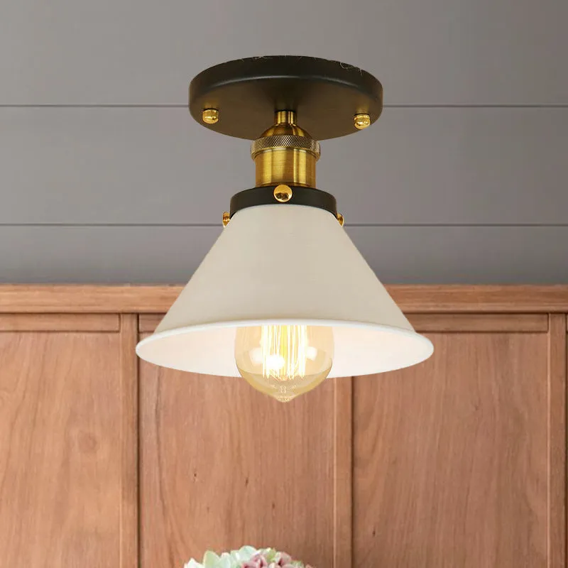1 lamp, semi-inbouw, vintage industriële conische kap, metalen plafondlamp wit/messing Clearhalo