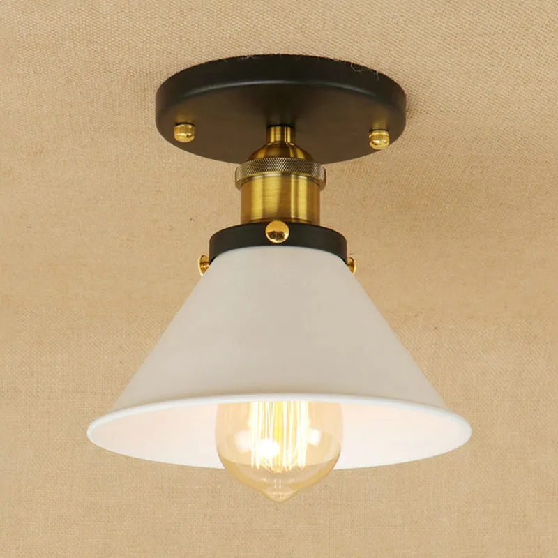 1 lamp, semi-inbouw, vintage industriële conische kap, metalen plafondlamp wit/messing Clearhalo