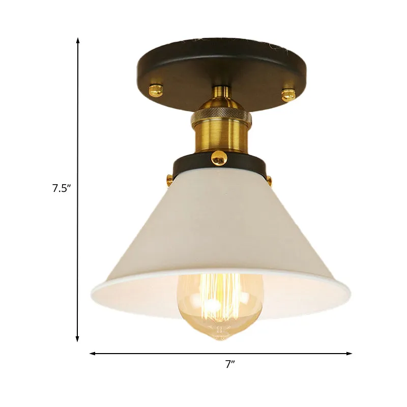 1 lamp, semi-inbouw, vintage industriële conische kap, metalen plafondlamp wit/messing Clearhalo