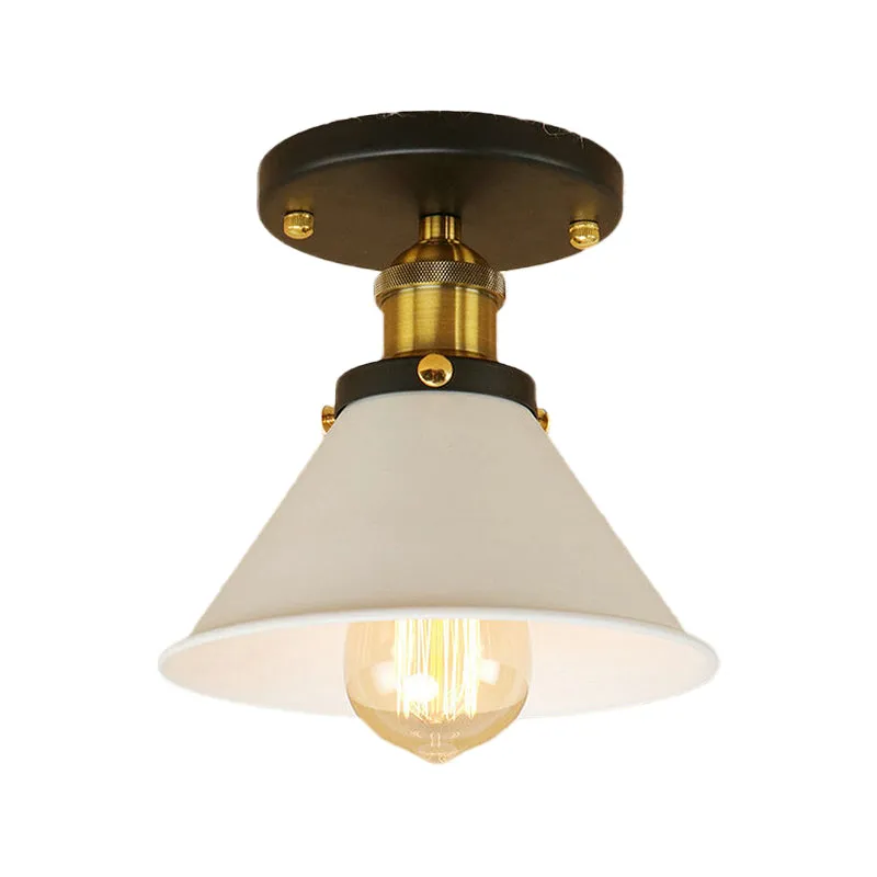 1 lamp, semi-inbouw, vintage industriële conische kap, metalen plafondlamp wit/messing Clearhalo