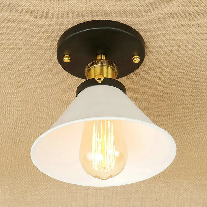 1 lamp, semi-inbouw, vintage industriële conische kap, metalen plafondlamp wit/messing Clearhalo