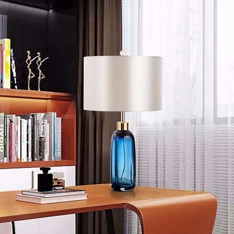 1 lamp studietaakverlichting moderne blauwe kleine bureaulamp met cilindrische stoffen kap Clearhalo