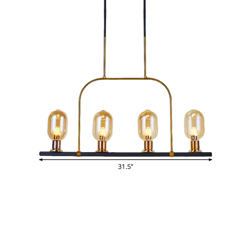 Lampachtige eilandverlichting Post moderne amberkleurige glazen 4-lichts zwart-gouden hangende plafondlamp met metalen fra...