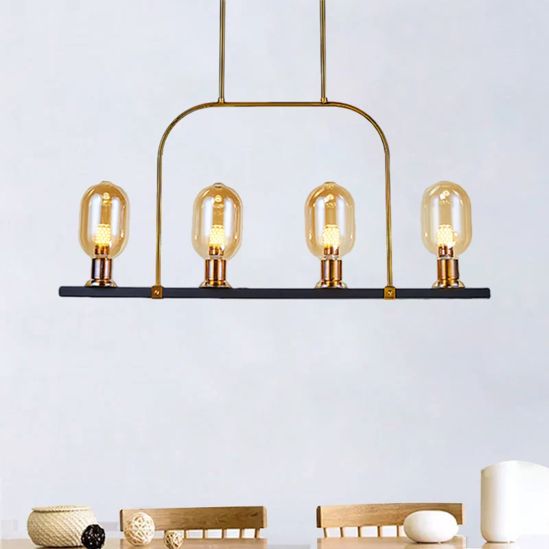 Lampachtige eilandverlichting Post moderne amberkleurige glazen 4-lichts zwart-gouden hangende plafondlamp met metalen fra...