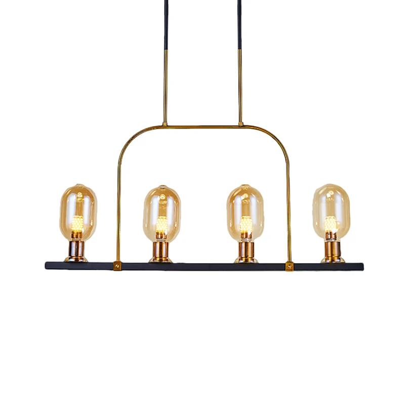 Lampachtige eilandverlichting Post moderne amberkleurige glazen 4-lichts zwart-gouden hangende plafondlamp met metalen fra...