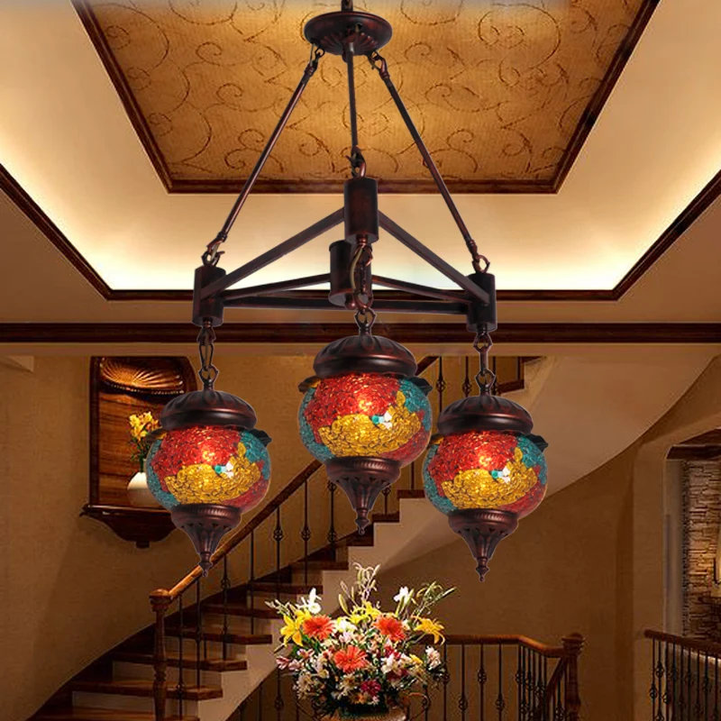 3 lampen bal kroonluchter hanglamp traditionele rood-geel-blauw glazen hanglampset voor woonkamer Clearhalo