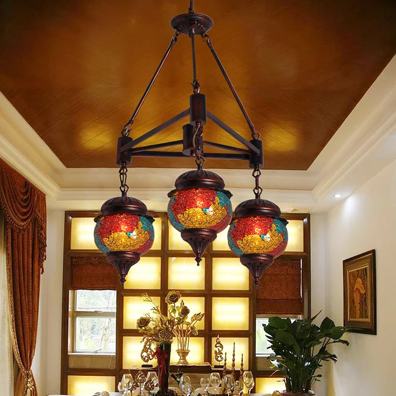 3 lampen bal kroonluchter hanglamp traditionele rood-geel-blauw glazen hanglampset voor woonkamer Clearhalo