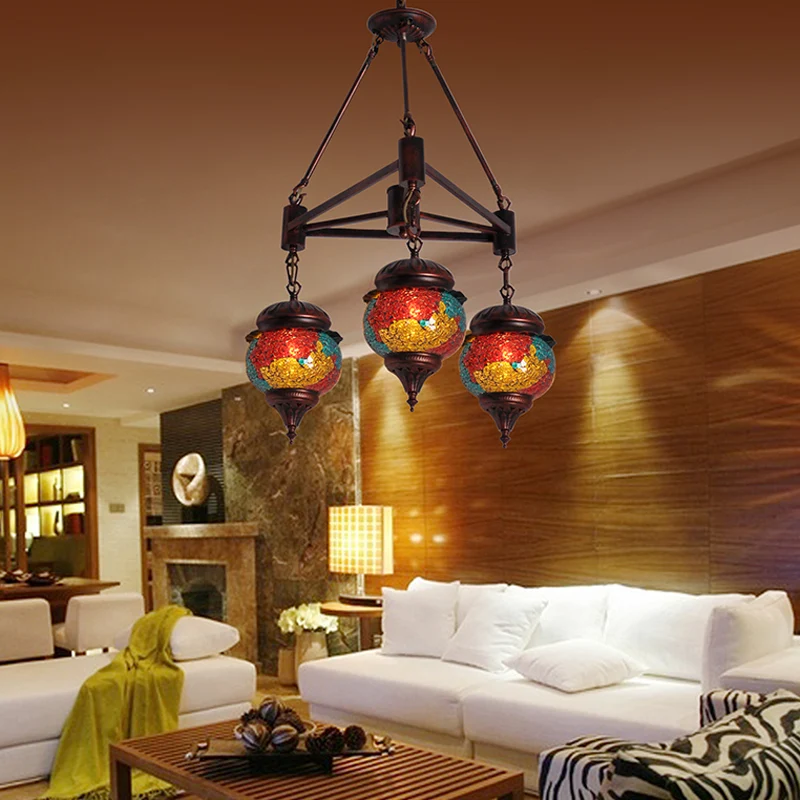 3 lampen bal kroonluchter hanglamp traditionele rood-geel-blauw glazen hanglampset voor woonkamer Clearhalo