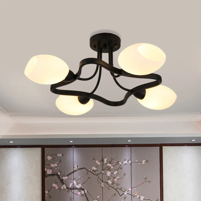 4/6 lampen bloem semi-inbouw rustieke zwarte opaal bol glazen plafondmontage kroonluchter Clearhalo