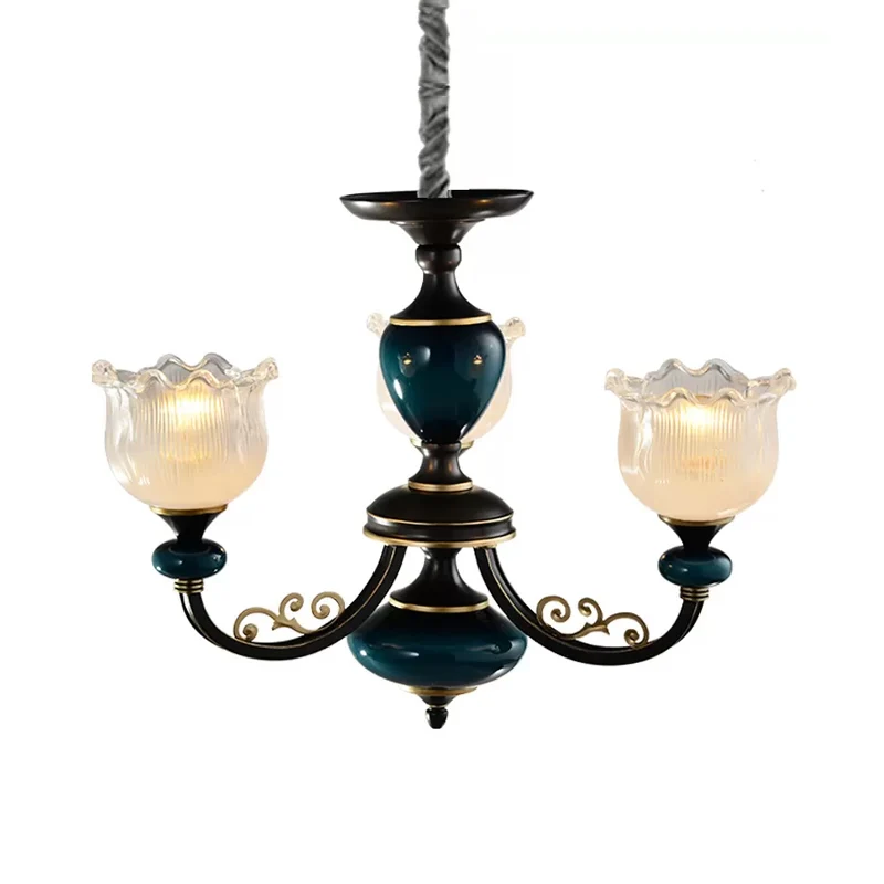 3/6 lampen Blossom hanglampset Klassieke zwarte afwerking Helder geribbelde glazen hangende kroonluchter Clearhalo