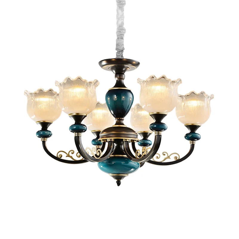 3/6 lampen Blossom hanglampset Klassieke zwarte afwerking Helder geribbelde glazen hangende kroonluchter Clearhalo