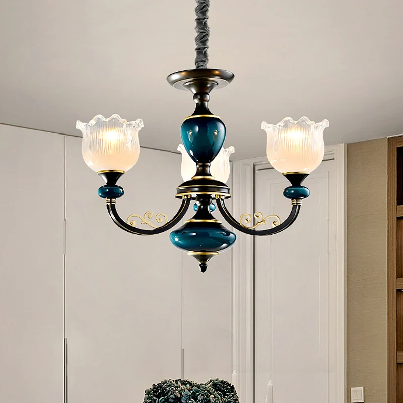3/6 lampen Blossom hanglampset Klassieke zwarte afwerking Helder geribbelde glazen hangende kroonluchter Clearhalo