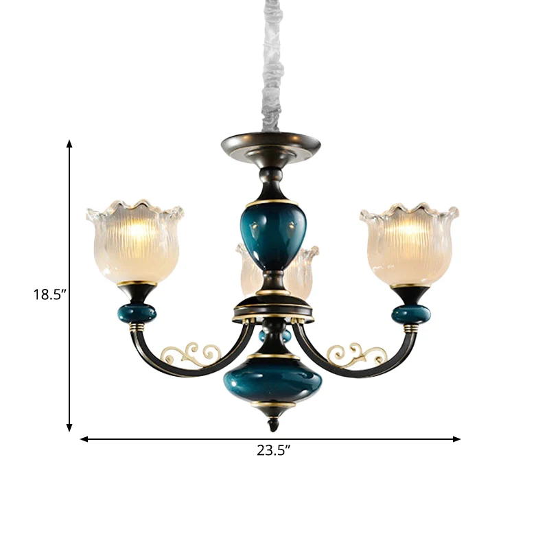 3/6 lampen Blossom hanglampset Klassieke zwarte afwerking Helder geribbelde glazen hangende kroonluchter Clearhalo