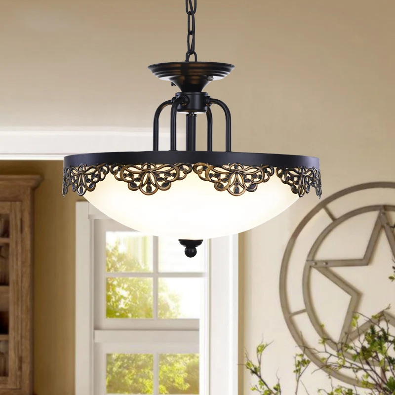 2 lampen Dome hangende kroonluchter platteland zwarte afwerking opaal glazen hanglamp Clearhalo