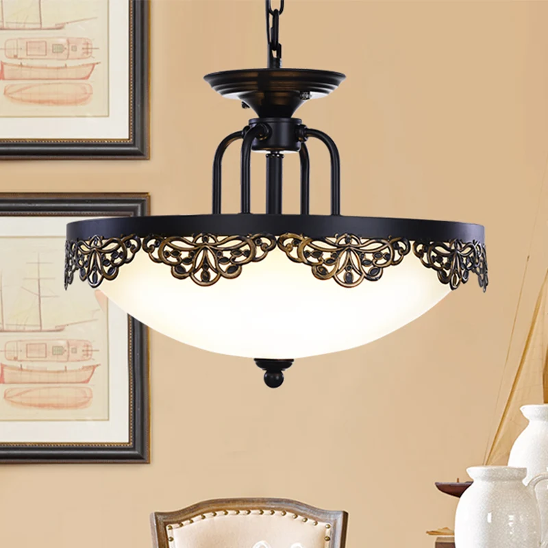 2 lampen Dome hangende kroonluchter platteland zwarte afwerking opaal glazen hanglamp Clearhalo