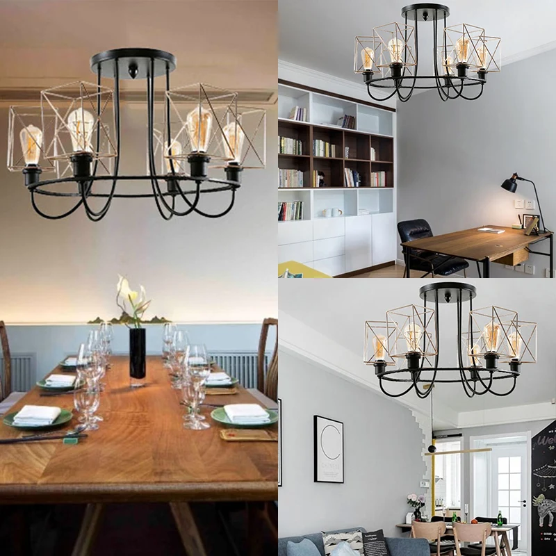 6/8 lampen draadkooi semi-inbouw kroonluchter met vierkante kap vintage gouden metalen hanglamp voor woonkamer Clearhalo