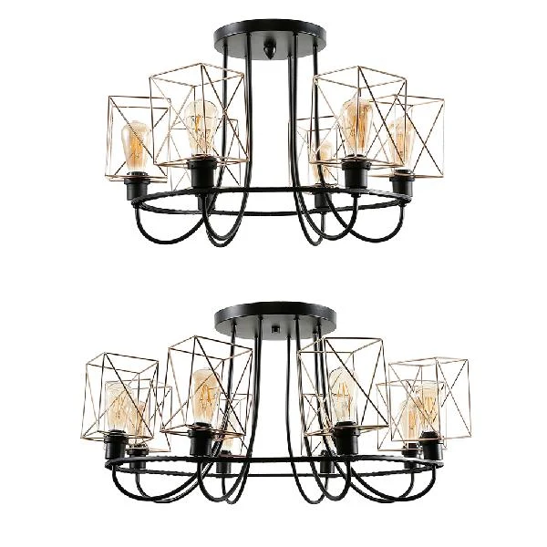 6/8 lampen draadkooi semi-inbouw kroonluchter met vierkante kap vintage gouden metalen hanglamp voor woonkamer Clearhalo