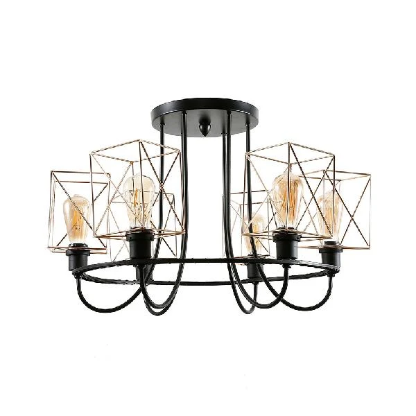 6/8 lampen draadkooi semi-inbouw kroonluchter met vierkante kap vintage gouden metalen hanglamp voor woonkamer Clearhalo