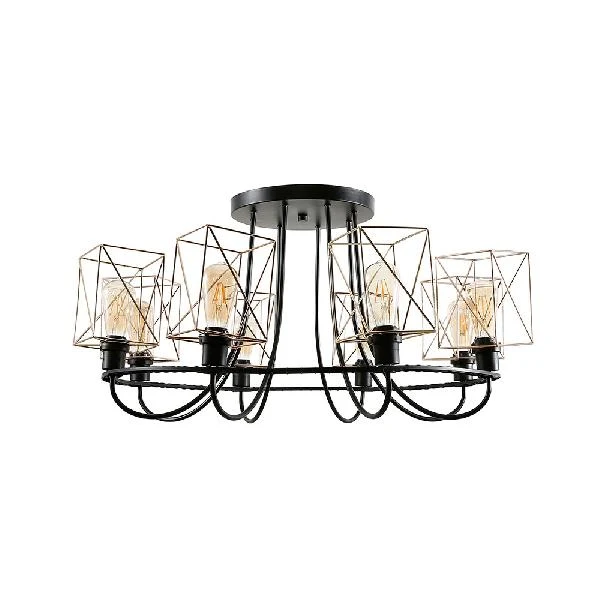 6/8 lampen draadkooi semi-inbouw kroonluchter met vierkante kap vintage gouden metalen hanglamp voor woonkamer Clearhalo