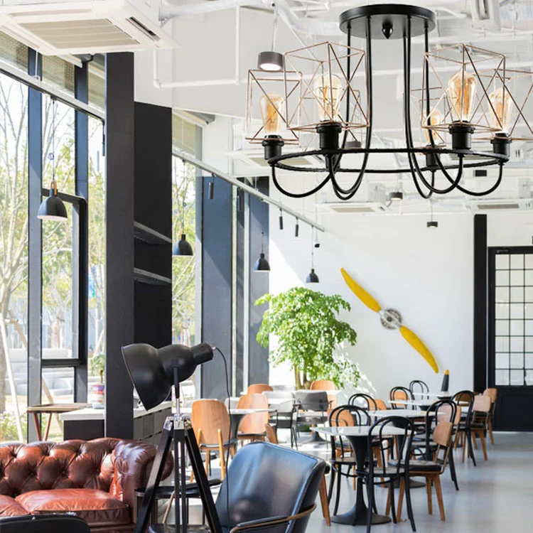 6/8 lampen draadkooi semi-inbouw kroonluchter met vierkante kap vintage gouden metalen hanglamp voor woonkamer Clearhalo