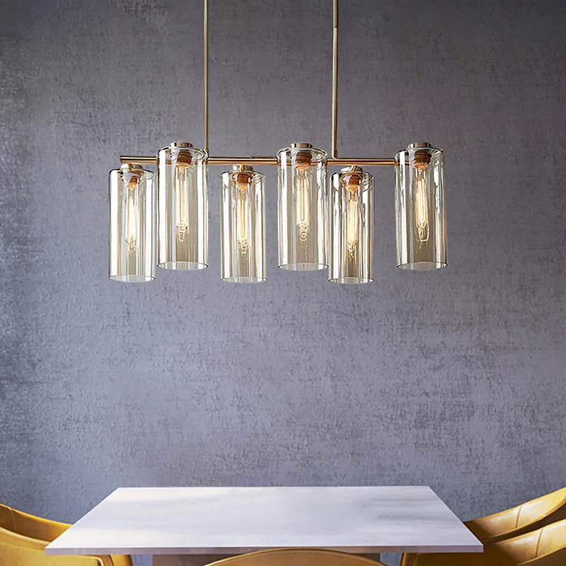 6 lampen eetkamer eilandlamp moderne champagne hangende verlichtingsarmatuur met cilindrische cognacglazen kap Clearhalo