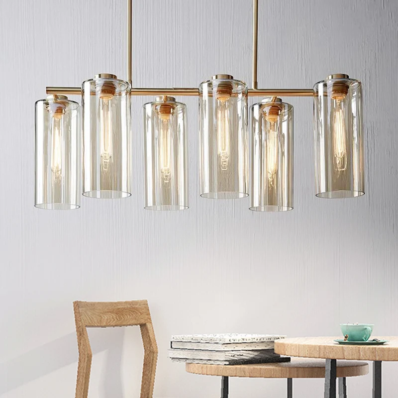 6 lampen eetkamer eilandlamp moderne champagne hangende verlichtingsarmatuur met cilindrische cognacglazen kap Clearhalo