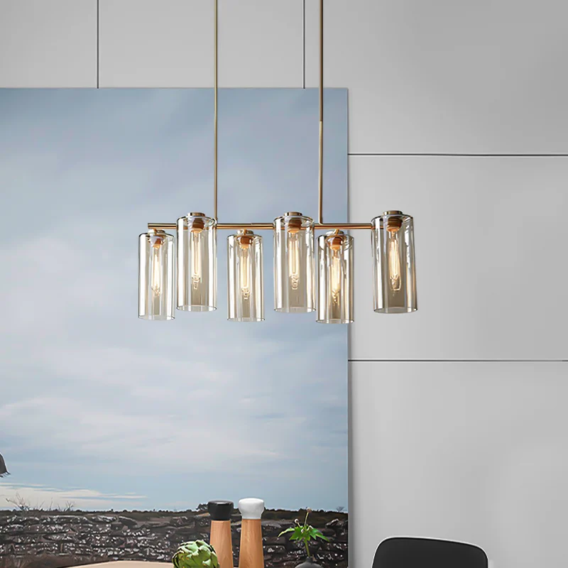 6 lampen eetkamer eilandlamp moderne champagne hangende verlichtingsarmatuur met cilindrische cognacglazen kap Clearhalo