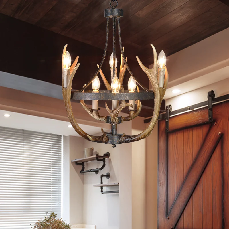 6/9 lampen hanglamp rustieke wielhars kroonluchterlamp bruin voor eetkamer met elandendeco Clearhalo