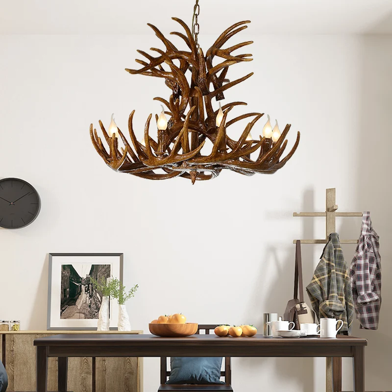 9 lampen hars kroonluchter lamp platteland bruin gewei vorm woonkamer naar beneden verlichting hanger Clearhalo