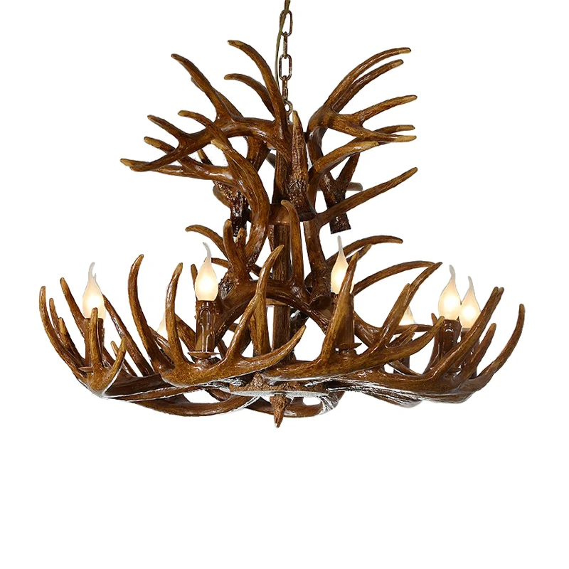 9 lampen hars kroonluchter lamp platteland bruin gewei vorm woonkamer naar beneden verlichting hanger Clearhalo