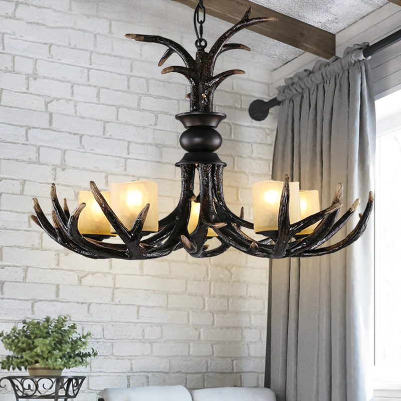 3/5 lampen hars kroonluchter verlichting cottage bruin faux gewei woonkamer plafond hanglamp Clearhalo