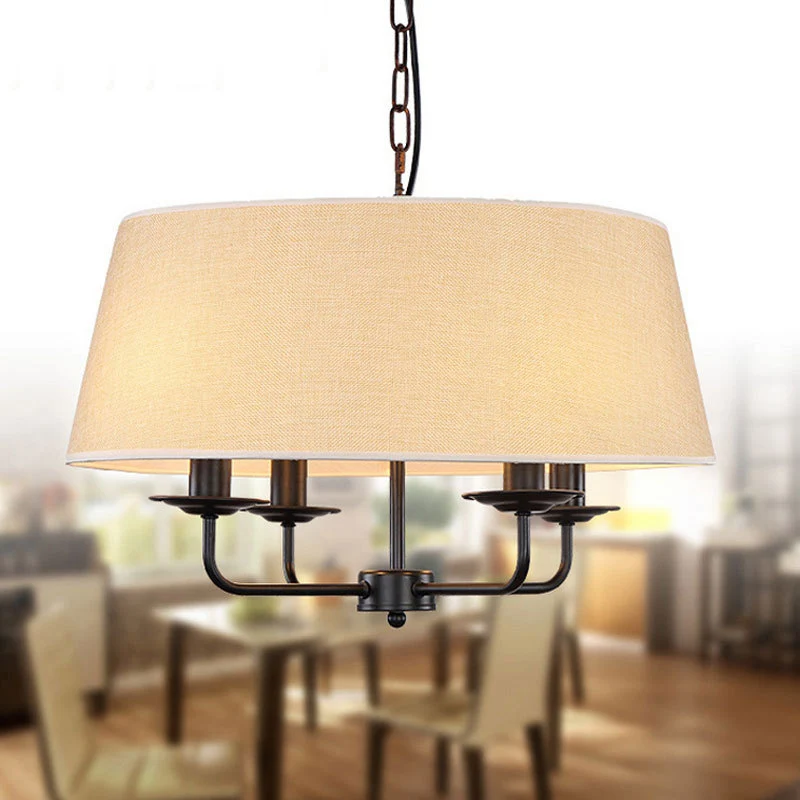 4 lampen kaars kroonluchter licht klassiek wit/groen/beige stof hangend plafondarmatuur met trommelkap Clearhalo