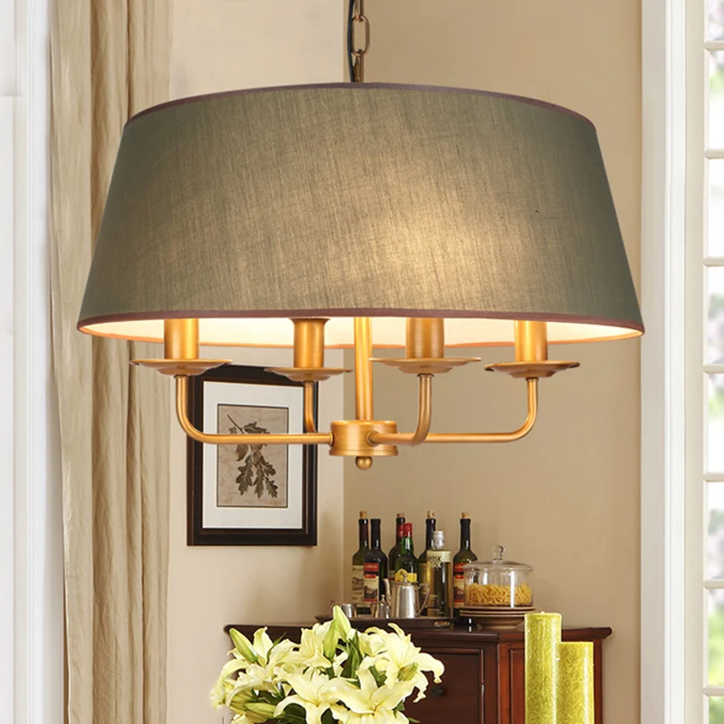 4 lampen kaars kroonluchter licht klassiek wit/groen/beige stof hangend plafondarmatuur met trommelkap Clearhalo