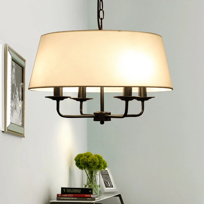 4 lampen kaars kroonluchter licht klassiek wit/groen/beige stof hangend plafondarmatuur met trommelkap Clearhalo