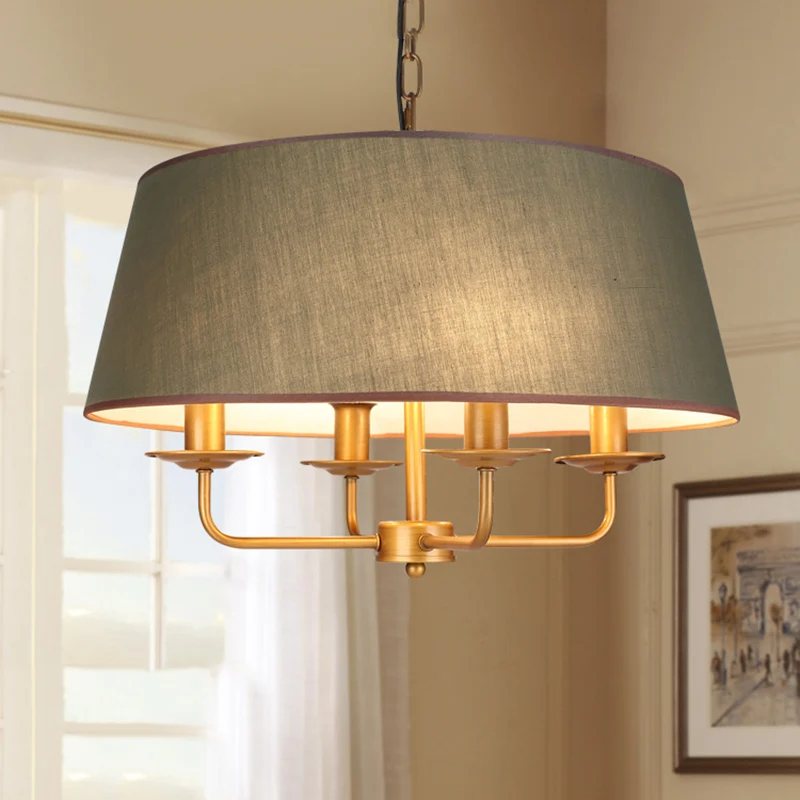 4 lampen kaars kroonluchter licht klassiek wit/groen/beige stof hangend plafondarmatuur met trommelkap Clearhalo