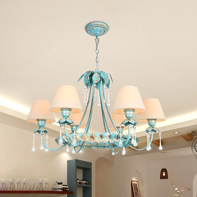 3/6 lampen kegel kroonluchterlamp pastorale blauwe stoffen hanglamp met metalen blad en kristallen decor Clearhalo