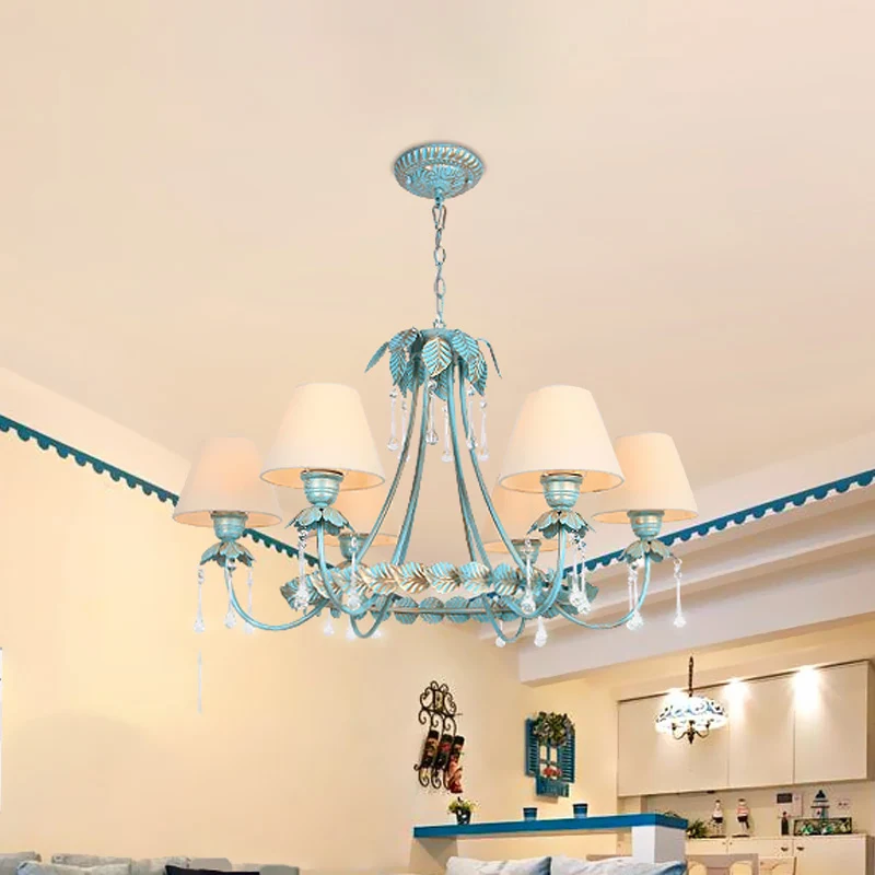 3/6 lampen kegel kroonluchterlamp pastorale blauwe stoffen hanglamp met metalen blad en kristallen decor Clearhalo