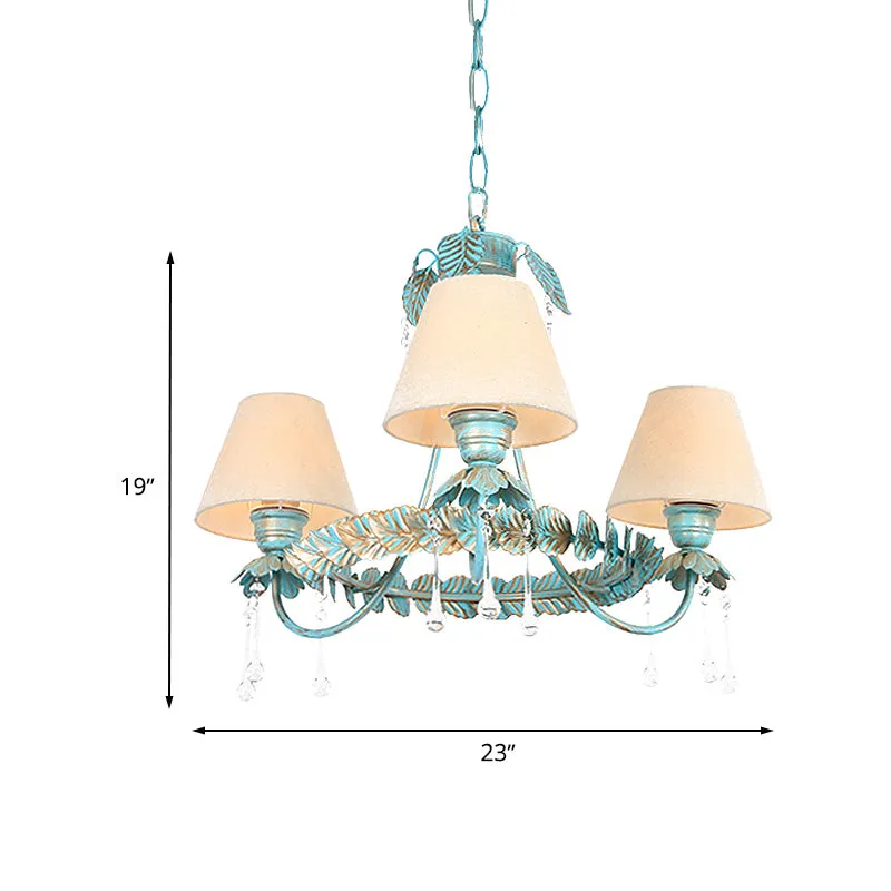 3/6 lampen kegel kroonluchterlamp pastorale blauwe stoffen hanglamp met metalen blad en kristallen decor Clearhalo