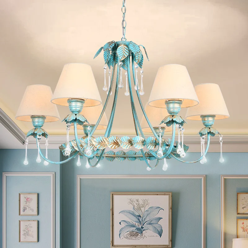 3/6 lampen kegel kroonluchterlamp pastorale blauwe stoffen hanglamp met metalen blad en kristallen decor Clearhalo