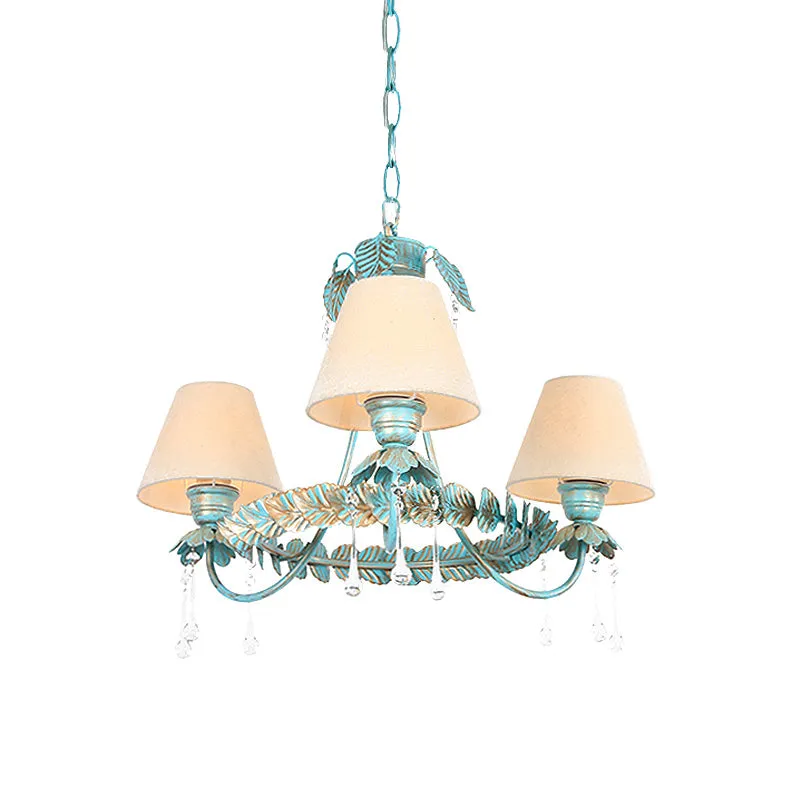 3/6 lampen kegel kroonluchterlamp pastorale blauwe stoffen hanglamp met metalen blad en kristallen decor Clearhalo