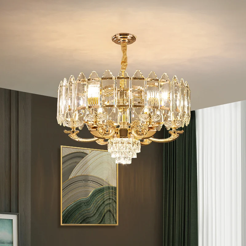 10 lampen kristallen hanglamp modernisme gouden trommel woonkamer kroonluchterlamp Clearhalo