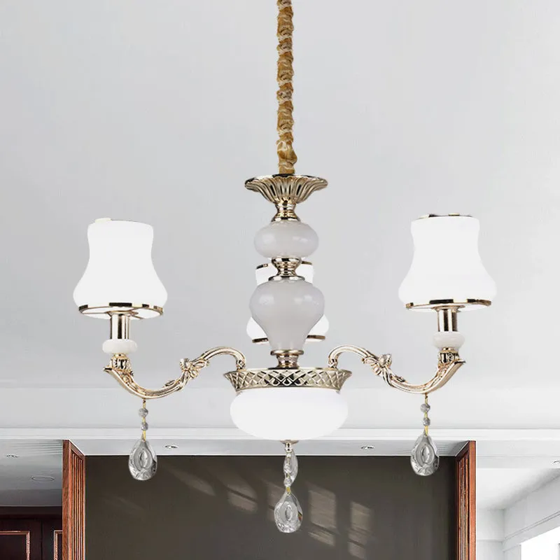 3/6 lampen kroonluchter verlichting vintage slaapkamer plafondhanger met pot crèmekleurige glazen kap goud Clearhalo